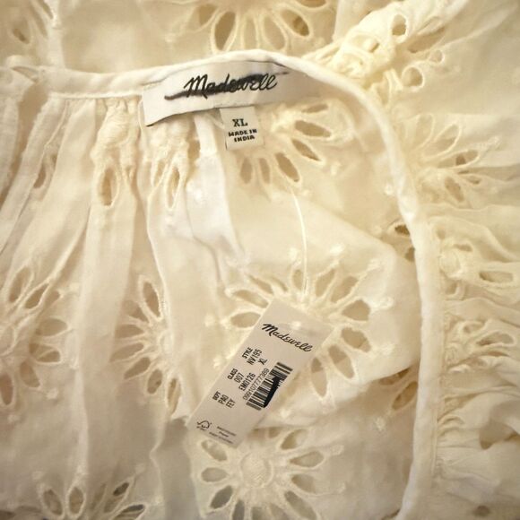 MADEWELL Embroidered Shirred Puff-Sleeve Top XL Floral Eyelet Ivory Swing NWT A4 - Picture 7 of 7